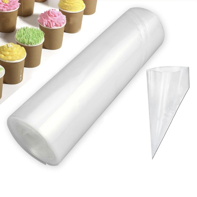 Cake baking tools with disposable plastic piping bags for icing and decorating.