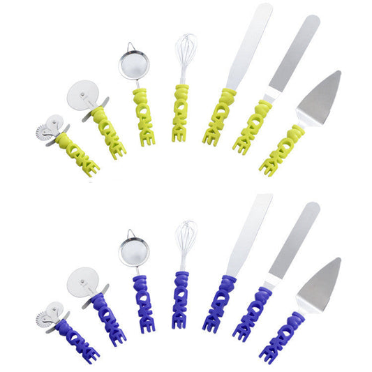 9 piece baking kit with colorful stainless steel tools for cakes and pizzas.