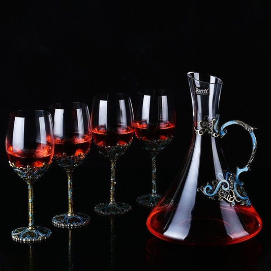 European style wine glass decanter set with ornate design, ideal gift.