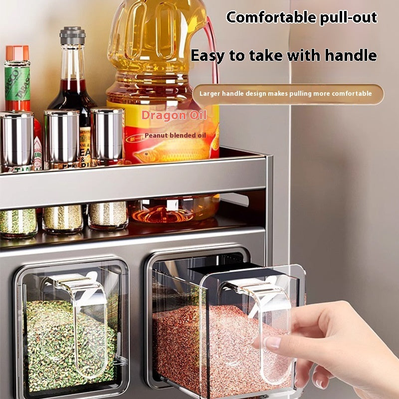 Punch-free wall-mounted multi-functional kitchen spice rack with lightweight aluminum design and pull-out compartments.