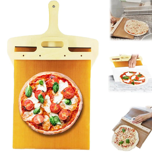 Kitchen gadgets sliding pizza shovel with non-stick surface for easy transfer and storage.